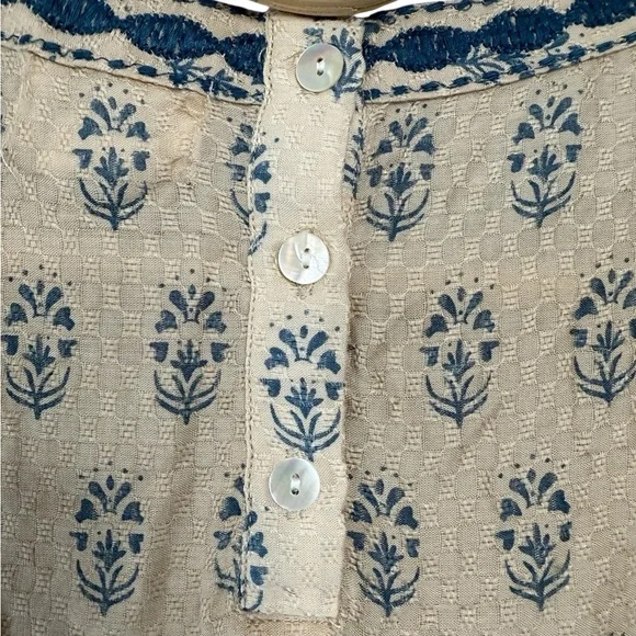 Sigrid Olson Beige Blue Country Print Doves & Floral Embroidery Trim Peplum Top - Picture 12 of 13